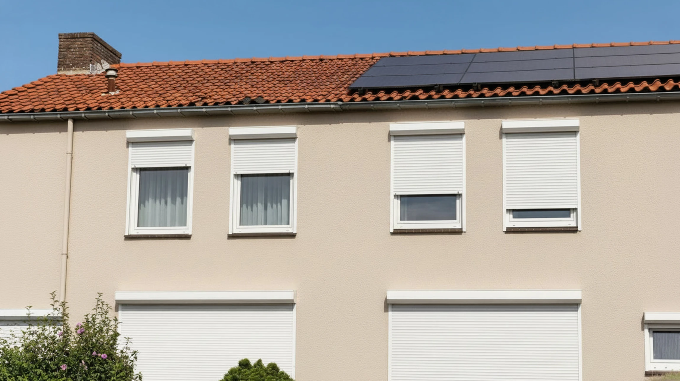 Façade extérieure d'habitation avec volets blancs à persiennes orientables ouverts, montés sur charnières