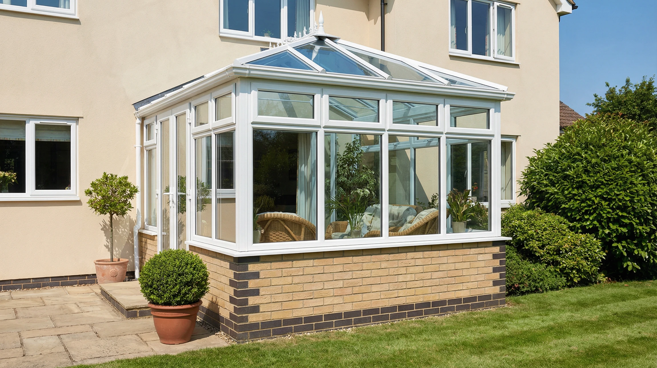 Véranda lumineuse avec mobilier en fer forgé noir, table ronde en verre, chaises rembourrées beiges